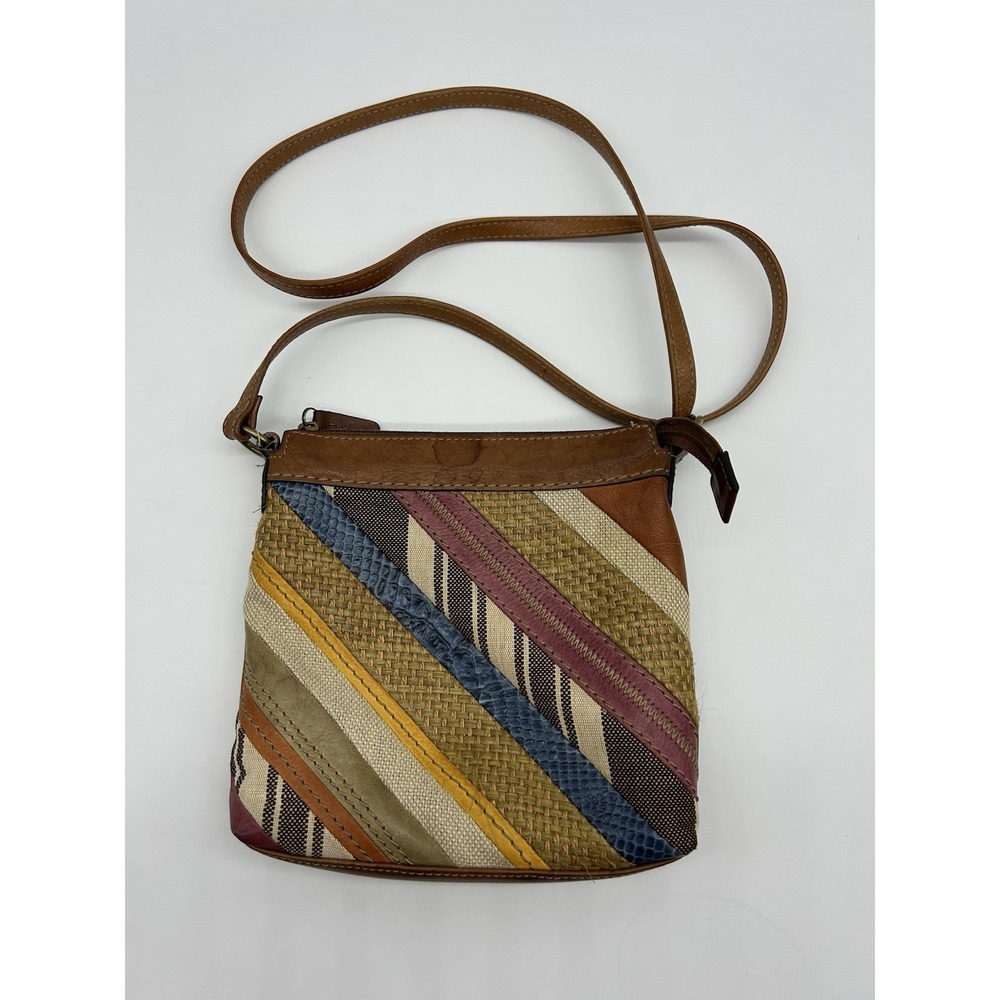 Fossil Leather Crossbody‎ Bag Purse Brown boho Multicolored Zip close Lined